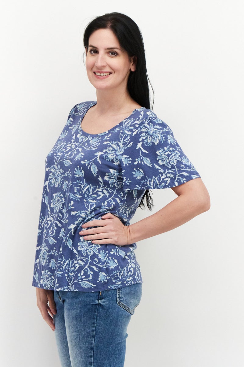 LUCKY BRAND Women Round Neck Short Sleeve Floral Print Top,  Blue Combo - Image 2